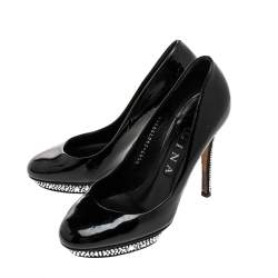 Pre Owned Gina Black Patent Leather Crystal Embellished Pumps Size 38 