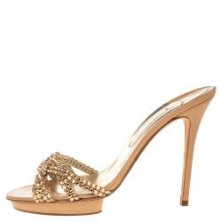 مملوكة مسبقًا Gina Gold Crystal Embellished Leather Zeta Platform Slide Sandals Size 40.5