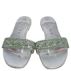 Pre Owned حذاء  سلايد جينا أثينا مزخرف كريستال فضى مقاس 41