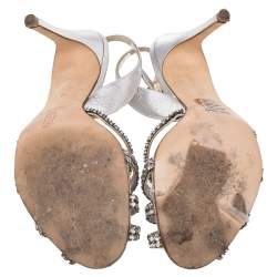 مملوكة مسبقًا Gina Silver Leather Crystal Embellished Peep Toe Slingback Sandals Size 39