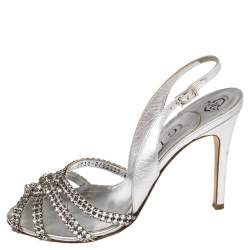 مملوكة مسبقًا Gina Silver Leather Crystal Embellished Peep Toe Slingback Sandals Size 39