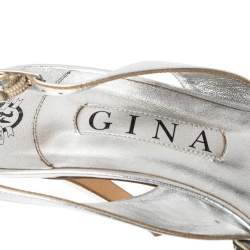 مملوكة مسبقًا Gina Silver Leather Crystal Embellished Peep Toe Slingback Sandals Size 39