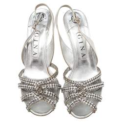 مملوكة مسبقًا Gina Silver Leather Crystal Embellished Peep Toe Slingback Sandals Size 39