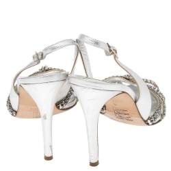 مملوكة مسبقًا Gina Silver Leather Crystal Embellished Peep Toe Slingback Sandals Size 39