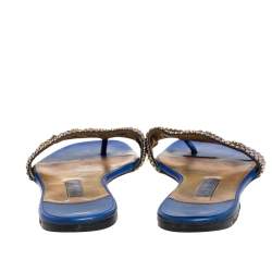 Pre Owned صندل فلات إصبع جينا جلد أزرق مزخرف مقاس 39.5 