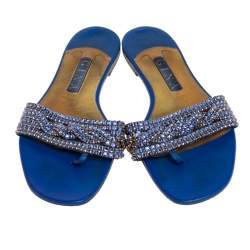 Pre Owned صندل فلات إصبع جينا جلد أزرق مزخرف مقاس 39.5 
