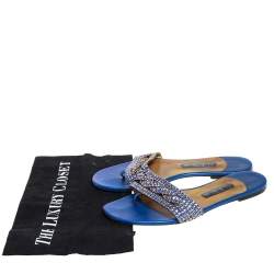 Pre Owned صندل فلات إصبع جينا جلد أزرق مزخرف مقاس 39.5 