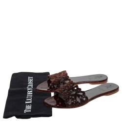 Pre Owned حذاء سلايدز جينا فلات مزخرف كريستال وجلد لامع بني مقاس 38.5