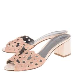 مملوكة مسبقًا Gina Pink Laser Cut Leather Crystal Embellished Block Heel Slide Sandals Size 38