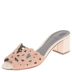 مملوكة مسبقًا Gina Pink Laser Cut Leather Crystal Embellished Block Heel Slide Sandals Size 38