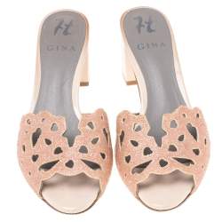 مملوكة مسبقًا Gina Pink Laser Cut Leather Crystal Embellished Block Heel Slide Sandals Size 38