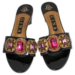 Pre Owned صندل سلايد جينا جلد أسود لامع مزخرف كريستال مقاس 38