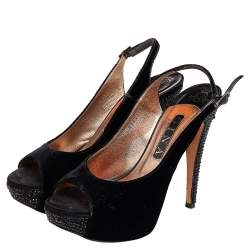 Gina Black Velvet Crystal Embellished Peep Toe Platform Slingback Sandals Size 39