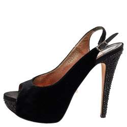 Gina Black Velvet Crystal Embellished Peep Toe Platform Slingback Sandals Size 39