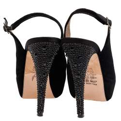 Gina Black Velvet Crystal Embellished Peep Toe Platform Slingback Sandals Size 39