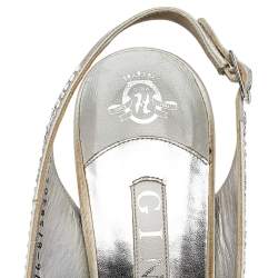Pre Owned Gina Silver Crystal Embellished Satin Platform Peep Toe Slingback Sandals Size 39