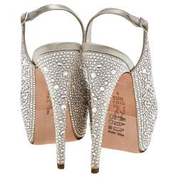 Pre Owned Gina Silver Crystal Embellished Satin Platform Peep Toe Slingback Sandals Size 39