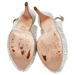 Pre Owned Gina Silver Crystal Embellished Satin Platform Peep Toe Slingback Sandals Size 39