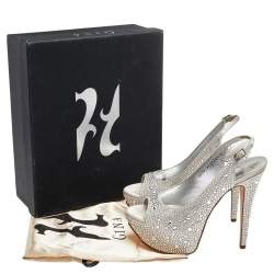 Pre Owned Gina Silver Crystal Embellished Satin Platform Peep Toe Slingback Sandals Size 39