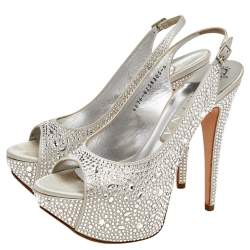 Pre Owned Gina Silver Crystal Embellished Satin Platform Peep Toe Slingback Sandals Size 39
