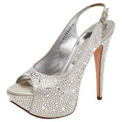 Pre Owned Gina Silver Crystal Embellished Satin Platform Peep Toe Slingback Sandals Size 39