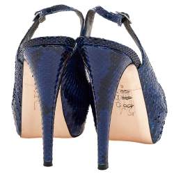 Pre Owned صندل جينا جلد ثعبان أزرق مقدمة مفتوحة نعل سميك بحزام للكاحل مقاس 39