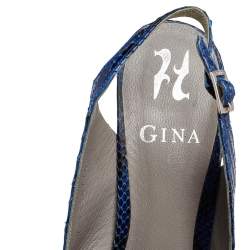 Pre Owned صندل جينا جلد ثعبان أزرق مقدمة مفتوحة نعل سميك بحزام للكاحل مقاس 39