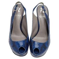 Pre Owned صندل جينا جلد ثعبان أزرق مقدمة مفتوحة نعل سميك بحزام للكاحل مقاس 39