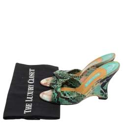 Pre Owned Gina Black/Blue Python and Suede Slide Wedge Sandals Size 38.5