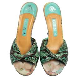 Pre Owned Gina Black/Blue Python and Suede Slide Wedge Sandals Size 38.5