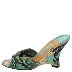 Pre Owned Gina Black/Blue Python and Suede Slide Wedge Sandals Size 38.5