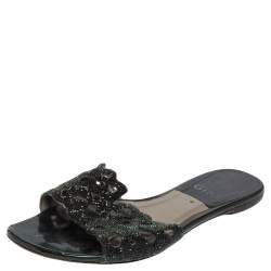 Pre Owned صندل سلايد فلات جينا مزخرف كريستال جلد أخضر فضي مقاس 38