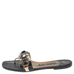 Pre Owned صندل سلايد فلات جينا مزخرف كريستال جلد أسود مقاس 38