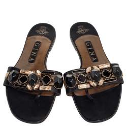 Pre Owned صندل سلايد فلات جينا مزخرف كريستال جلد أسود مقاس 38