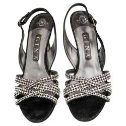 Pre Owned صندل جينا فتحة خلفية مزخرف كريستال متعاكس سويدي منقوش فضي/ أسود مقاس 39