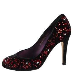 Pre Owned Gina Black Velvet  Embellished Round Toe Pumps Size 37