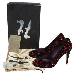 Pre Owned Gina Black Velvet  Embellished Round Toe Pumps Size 37