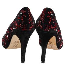Pre Owned Gina Black Velvet  Embellished Round Toe Pumps Size 37