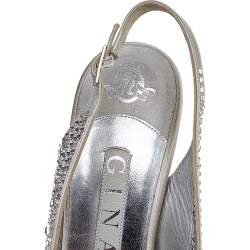 Pre Owned صندل جينا ساتان رصاصي مزخرف بالكريستال بمقدمة مفتوحة وحزام كاحل مقاس 37.5