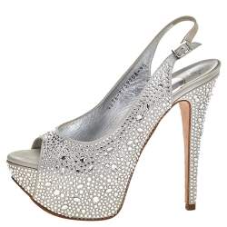 Pre Owned صندل جينا ساتان رصاصي مزخرف بالكريستال بمقدمة مفتوحة وحزام كاحل مقاس 37.5