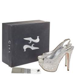 Pre Owned صندل جينا ساتان رصاصي مزخرف بالكريستال بمقدمة مفتوحة وحزام كاحل مقاس 37.5