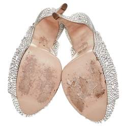 Pre Owned صندل جينا ساتان رصاصي مزخرف بالكريستال بمقدمة مفتوحة وحزام كاحل مقاس 37.5