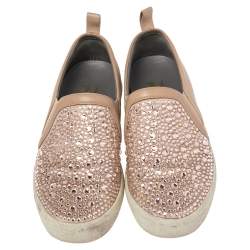 Pre Owned Gina Dusty Pink Leather and Suede Gioia Crystals Slip On Sneakers Size 36