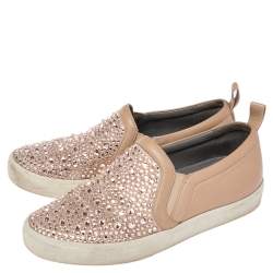 Pre Owned Gina Dusty Pink Leather and Suede Gioia Crystals Slip On Sneakers Size 36