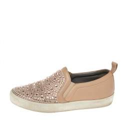 Pre Owned Gina Dusty Pink Leather and Suede Gioia Crystals Slip On Sneakers Size 36