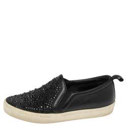 Pre Owned Gina Black Leather and Suede Gioia Crystals Slip On Sneakers Size 36
