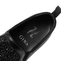 Pre Owned Gina Black Leather and Suede Gioia Crystals Slip On Sneakers Size 36