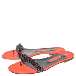 Pre Owned Gina Neon Pink Patent Leather Crystal Embellished Thong Flat Size 38.5