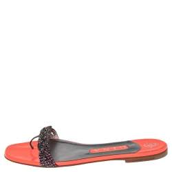 Pre Owned Gina Neon Pink Patent Leather Crystal Embellished Thong Flat Size 38.5