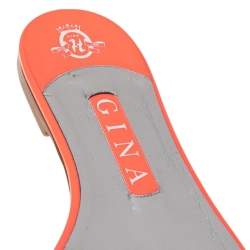 Pre Owned Gina Neon Pink Patent Leather Crystal Embellished Thong Flat Size 38.5